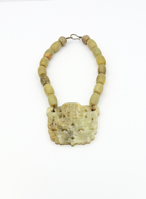 Carved Olive Opal Necklace with Carved Hetian Jade Pendant