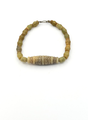 Olive Opal Bead Necklace Carved Hetian Jade Scroll Pendant