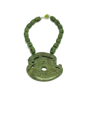 Antique Venetian Millefiori Bead Necklace with Hand Carved Jade Pendant