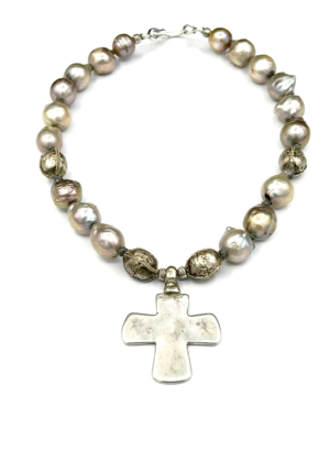 Baroque Pearl Necklace Century Old Silver Coptic Cross