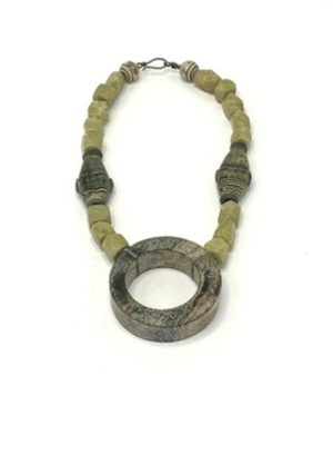 Antique Gabri Glass Fish Focal Beads Yellow Jasper Necklace with Carved Picture Jasper Cylinder Pendant