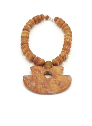 Antique Carnelian Barrel Beads with Carved Axe Jade Pendant
