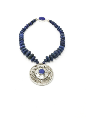 Antique Saucer Lapis Lazuli Necklace Silver Handmade Turkmen Pendant