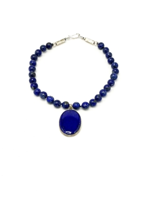 Lapis Lazuli Bead Necklace Sterling Silver Encased Lapis Lazuli Cabochon