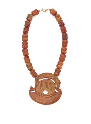 Antique Barrel Carnelian Bead Necklace Nephrite Jade Axe Pendant