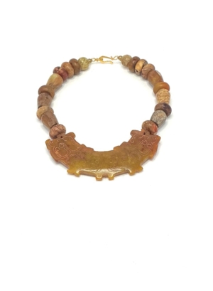 Jasper and Serpentine Bead Necklace Carved Jade Pendant