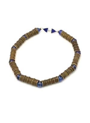 Antique Handmade Tiv Bronze Bead and Blue Venetian Bead Necklace