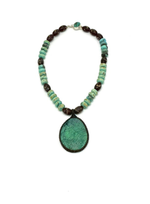 Handmade Raku Beads with Turquoise Encased in Macrame