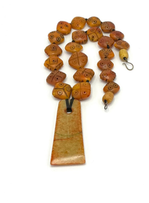 Authentic Antique Touareg Bead Necklace Carved Jade Axe Pendant