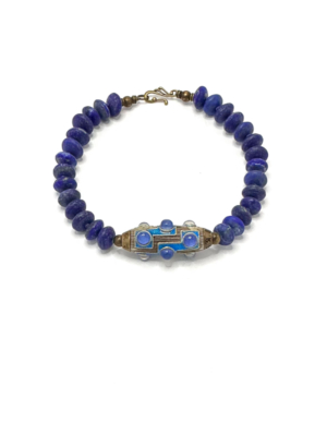 Antique Saucer Laps Lazuli Gemstone Necklace with Tibetan Amulet