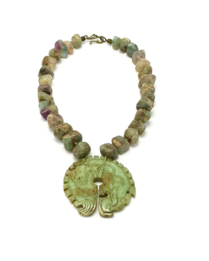 Antique Faceted Beryl Beads with Hongshan Inspired Jade Pendant