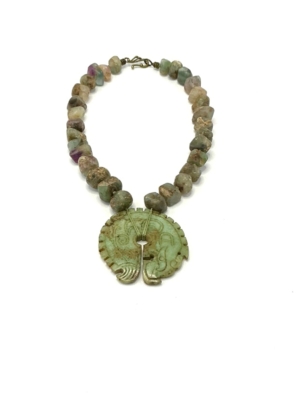 Antique Faceted Beryl Beads with Hongshan Inspired Jade Pendant