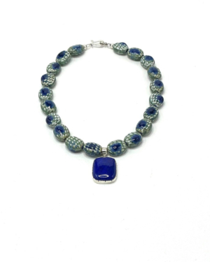 Artisan Handmade Ceramic Beads with Sterling Encased Lapis Lazuli Pendant
