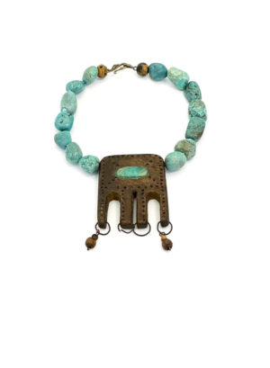 Turquoise Bead Necklace with Handmade Leather Amulet