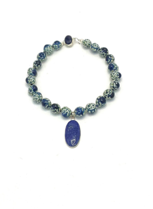 Handmade Porcelain Beads with Sterling Silver Encased Lapis Lazuli Cabochon