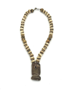 Burnt Horn Bead Necklace Carved Jade Pendant